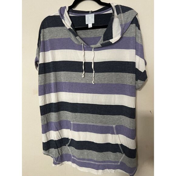 Sunday XL Ladies Pullover Gray Purple Striped Drawstring‎ Hooded Pocket - Picture 1 of 2